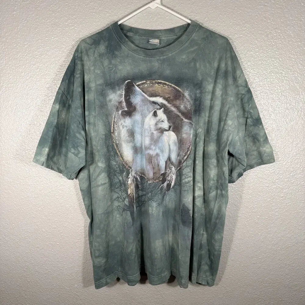 Vintage The Mountain Wolf Dreamcatcher Tie Dye Graphic T-Shirt Blue Grey Men 3XL